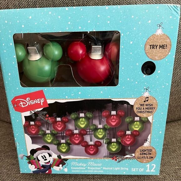 Disney Mickey Mouse Ears Red and Green Musical String Lights- Set of 12 - Picture 1 of 3